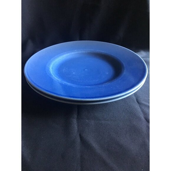 PIER 1 Dinner Plates Hand Painted Blue Swirl Spiral Vintage RARE SET OF 2 - Picture 1 of 3